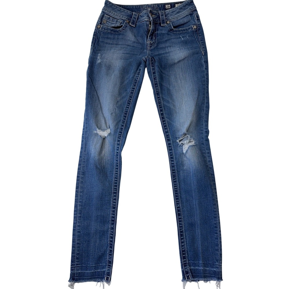 Miss Me Mid-Rise Skinny Jeans 26 Medium Wash Distressed Ripped Frayed Hem Denim - Picture 1 of 12